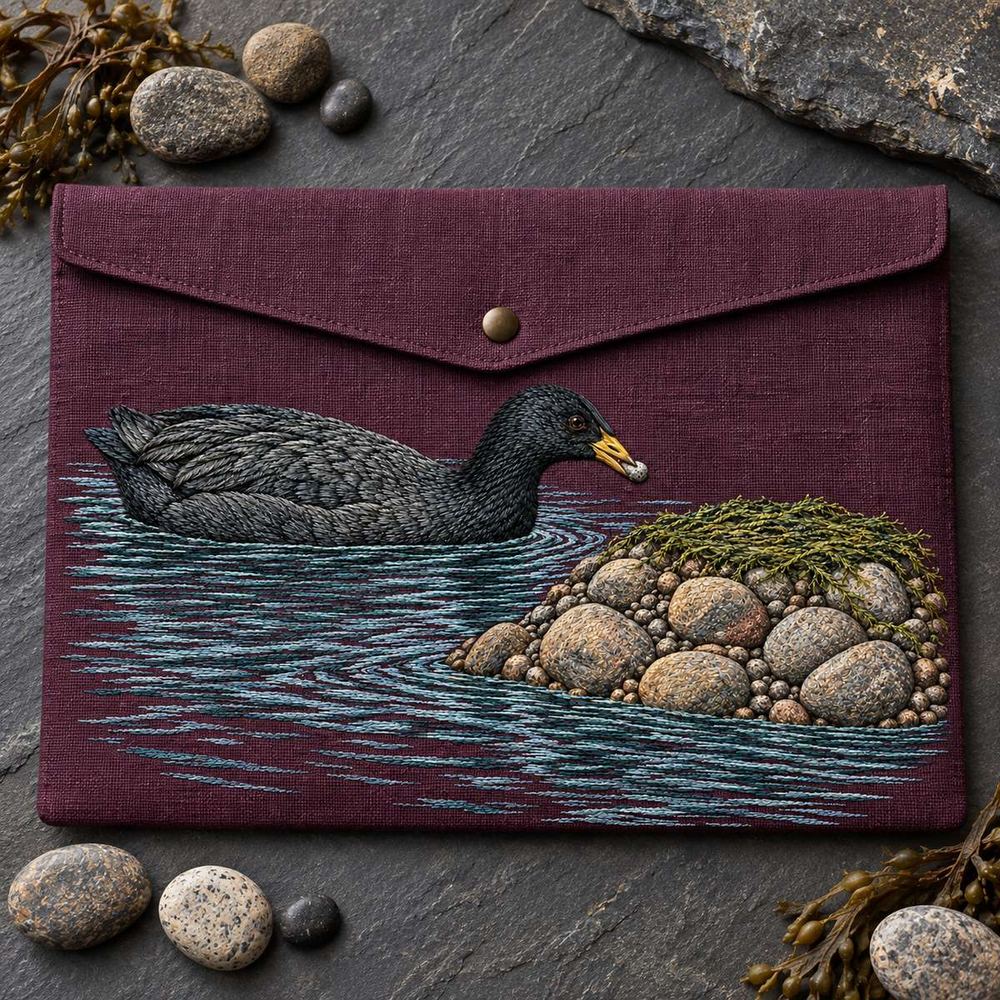 Coot embroidery design in a digital mockup of A wide linen document envelope laid flat on grey slate, small pebble collection outside its outline. Placement inspiration for Study 25.