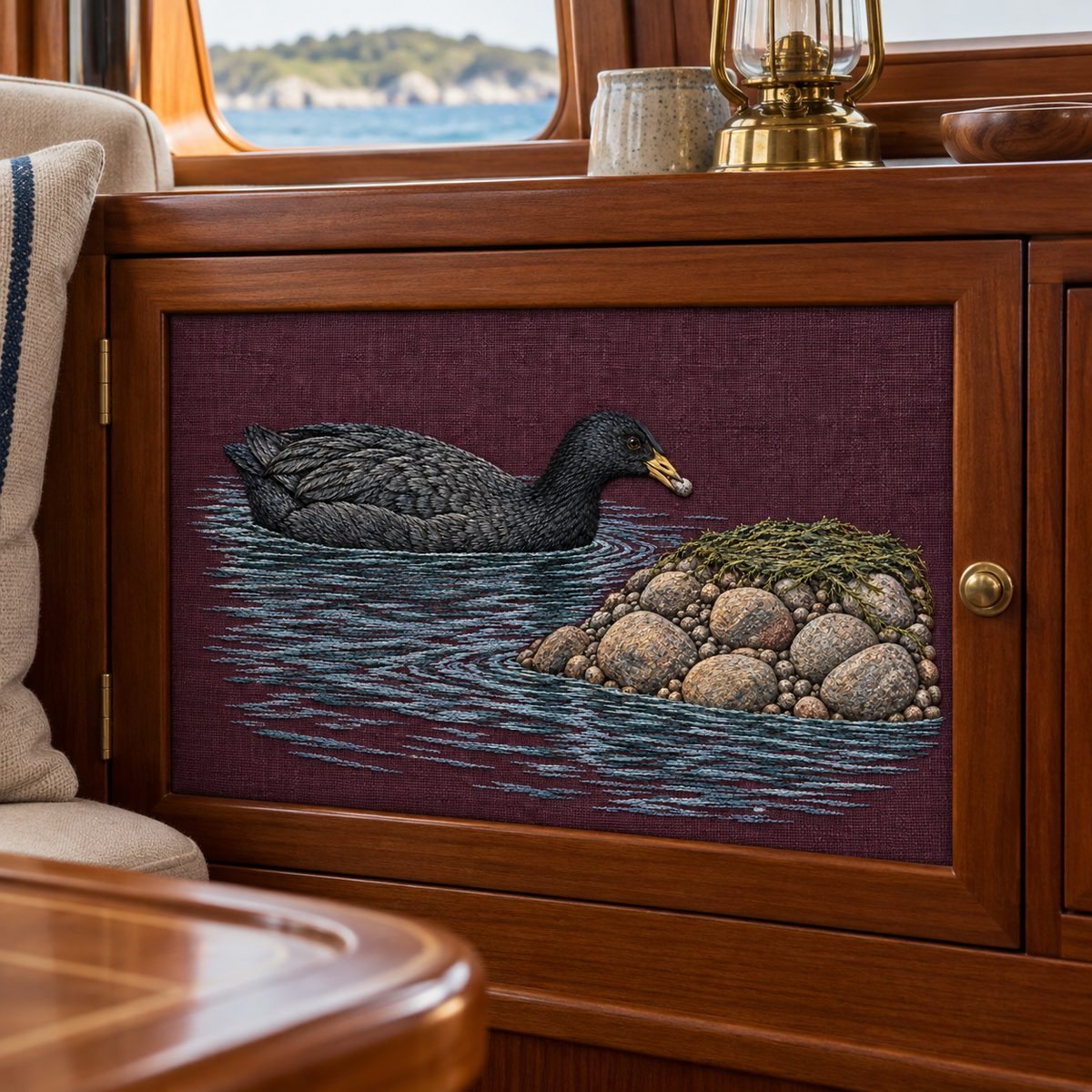 Coot embroidery design in a digital mockup of A landscape aubergine textile inset on a boat-cabin cupboard front, no nautical logos. Placement inspiration for Study 25.