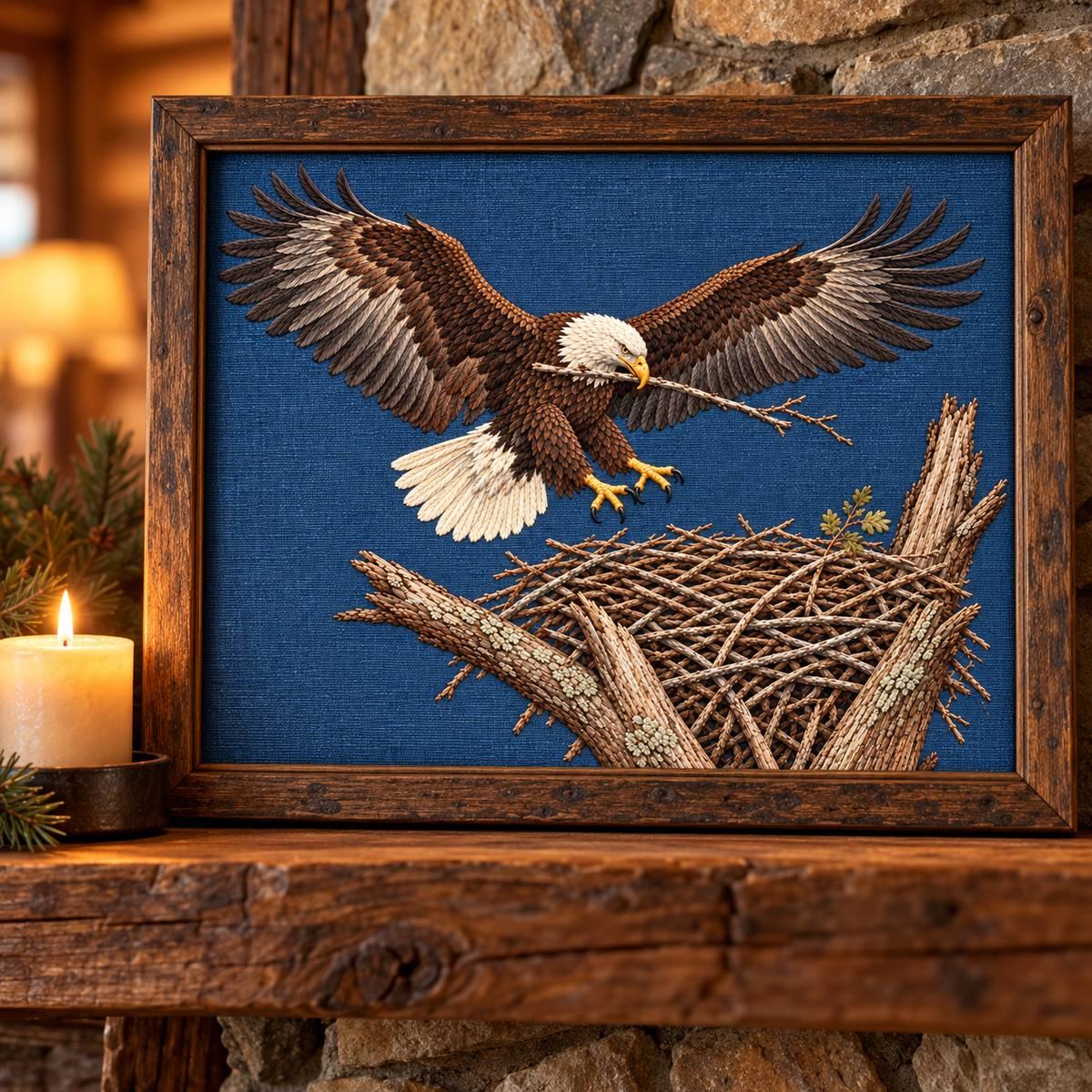 Eagle embroidery design shown in a digital mockup of A large landscape storm-blue embroidered panel on a lodge mantel wall in a slim dark-oak frame. Study 26.