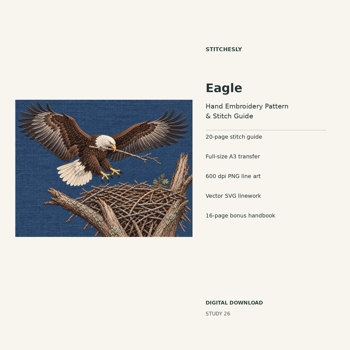 Eagle hand embroidery digital package cover showing the reference artwork and included guide, transfer, PNG, SVG and bonus handbook.