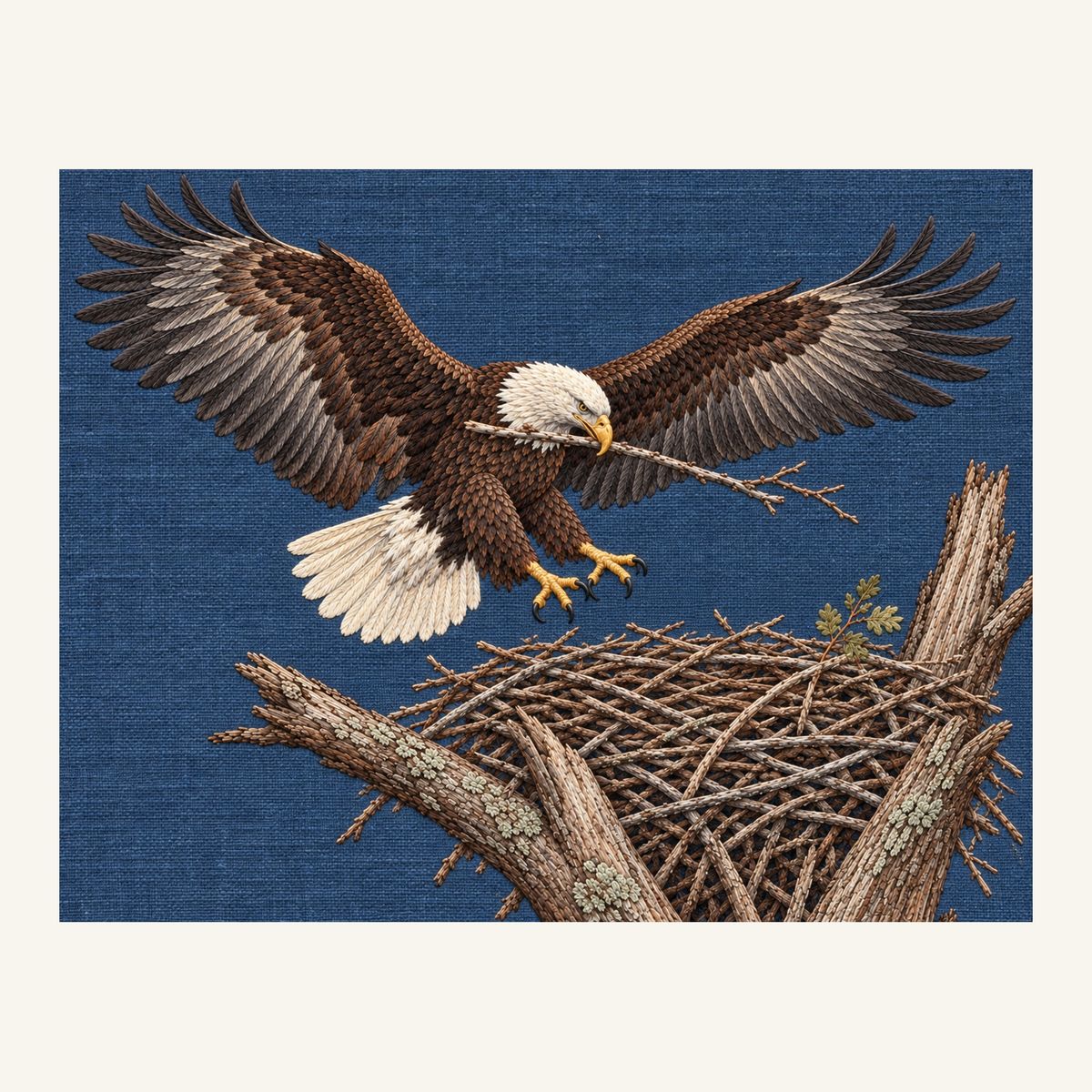 Digital embroidery reference showing an eagle carrying a branch to its eyrie on deep washed storm-blue linen, landscape composition.