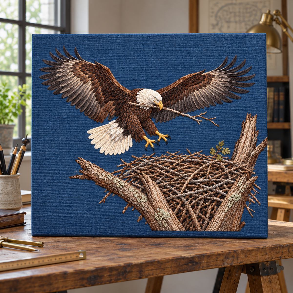 Eagle embroidery design in a digital mockup of A broad rigid storm-blue textile portfolio standing on an architect's trestle desk. Placement inspiration for Study 26.