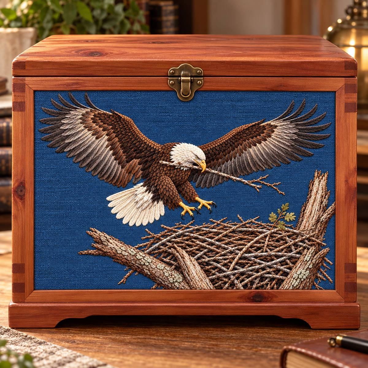 Eagle embroidery design in a digital mockup of A landscape linen inset on the broad front of a cedar blanket chest at a mountain cabin. Placement inspiration for Study 26.