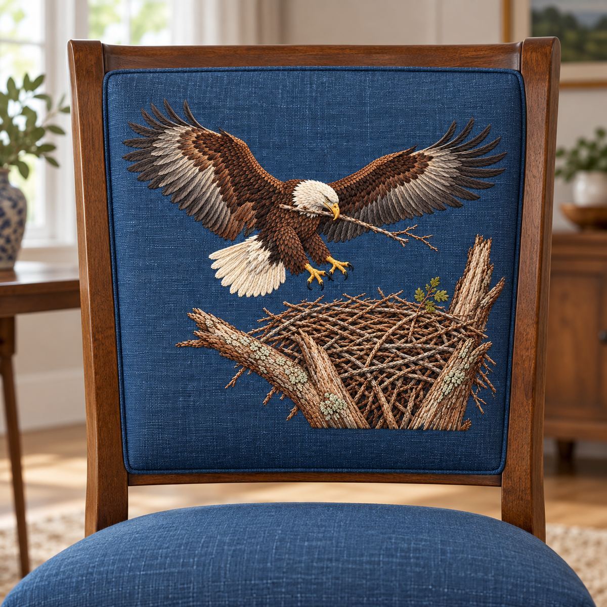 Eagle embroidery design in a digital mockup of A wide upholstered storm-blue bench back with uninterrupted embroidery, stone lodge hallway. Placement inspiration for Study 26.