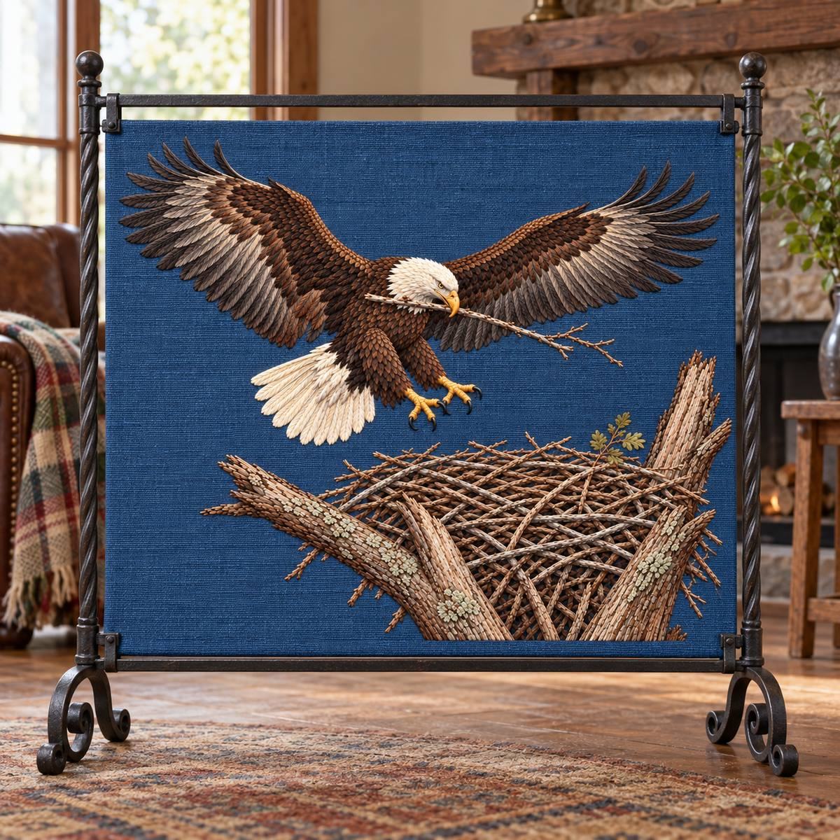 Eagle embroidery design in a digital mockup of A horizontal embroidered textile panel stretched inside a freestanding wrought-iron room screen. Placement inspiration for Study 26.
