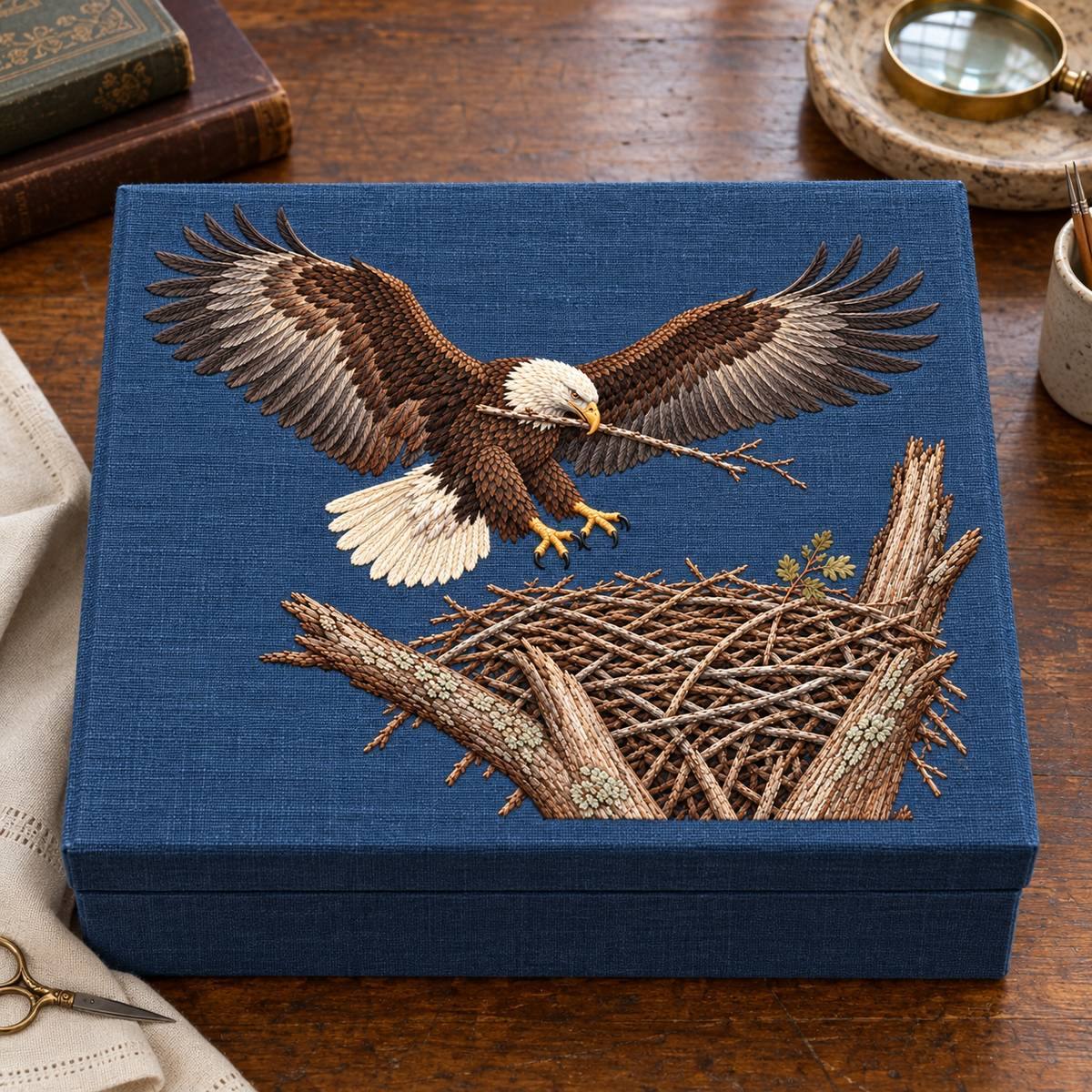 Eagle embroidery design in a digital mockup of A landscape cloth-covered archival box with lid facing camera, on a museum study table. Placement inspiration for Study 26.