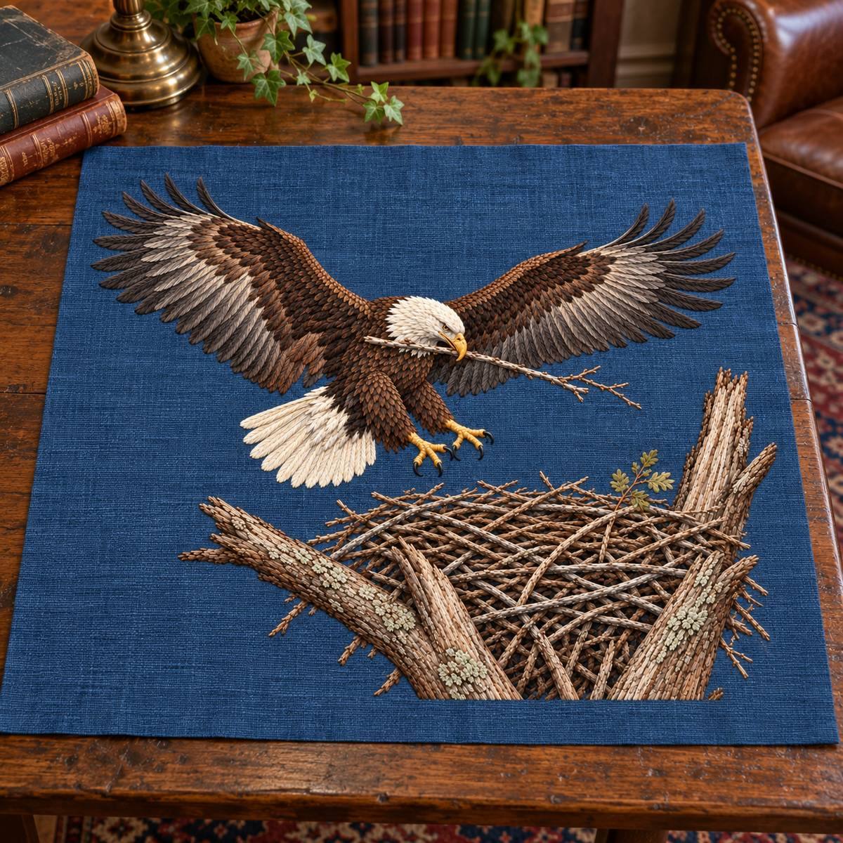Eagle embroidery design in a digital mockup of A wide storm-blue linen panel fixed flat to the end of a wooden library table. Placement inspiration for Study 26.