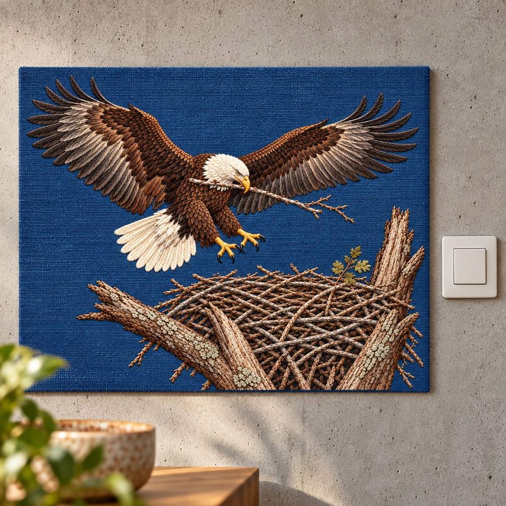 Eagle embroidery design in a digital mockup of A large rectangular textile wall hanging suspended by concealed clips, modern concrete stair landing. Placement inspiration for Study 26.