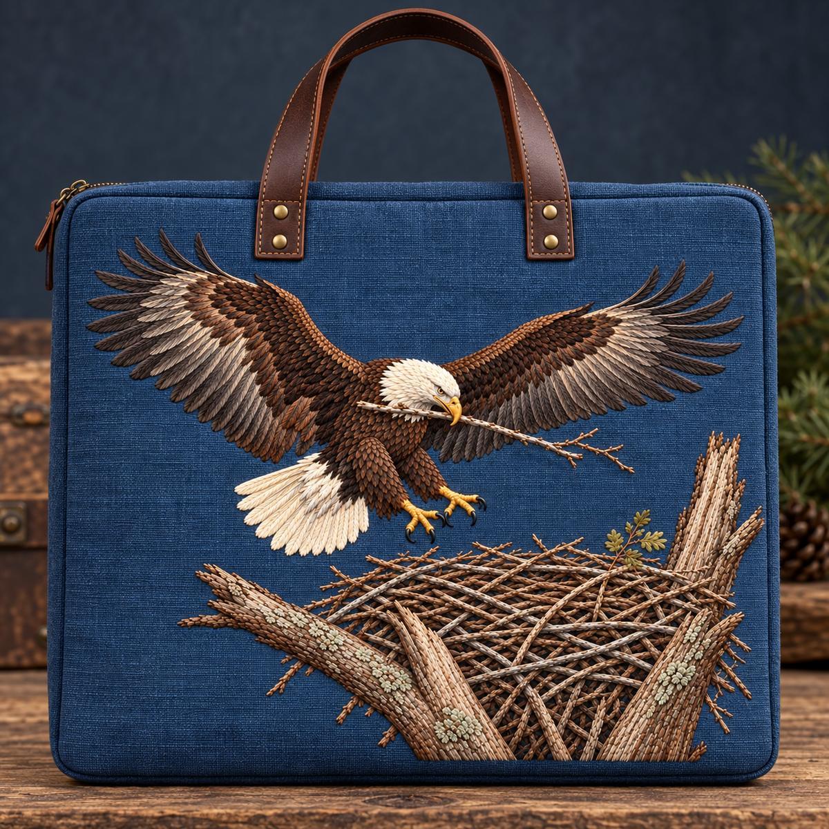 Eagle embroidery design in a digital mockup of A broad storm-blue padded art case standing vertically with landscape front, leather handles outside motif. Placement inspiration for Study 26.