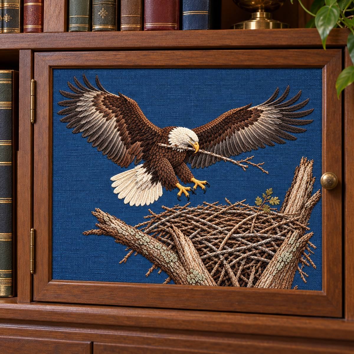 Eagle embroidery design in a digital mockup of A landscape embroidered front on a timber firewood-storage cabinet with doors closed and seams outside design. Placement inspiration for Study 26.
