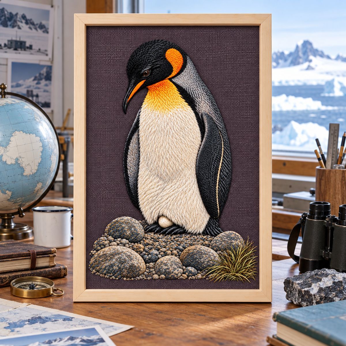 Penguin embroidery design shown in a digital mockup of A tall rectangular embroidery under museum glass in a pale maple frame on an Antarctic research-inspired desk. Study 27.