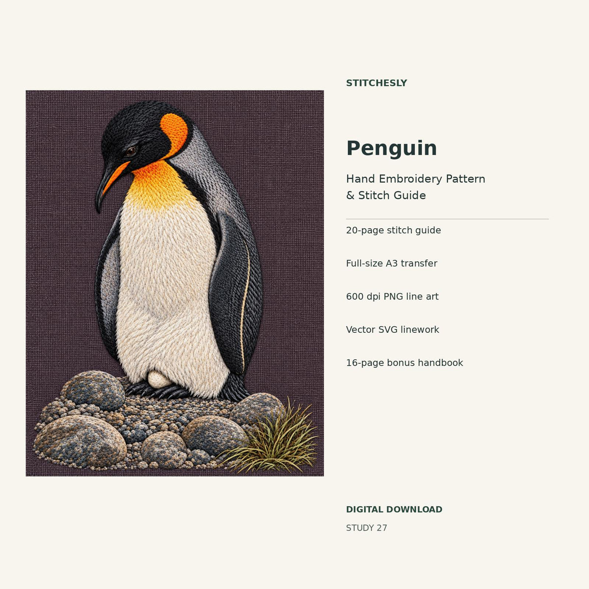 Penguin hand embroidery digital package cover showing the reference artwork and included guide, transfer, PNG, SVG and bonus handbook.