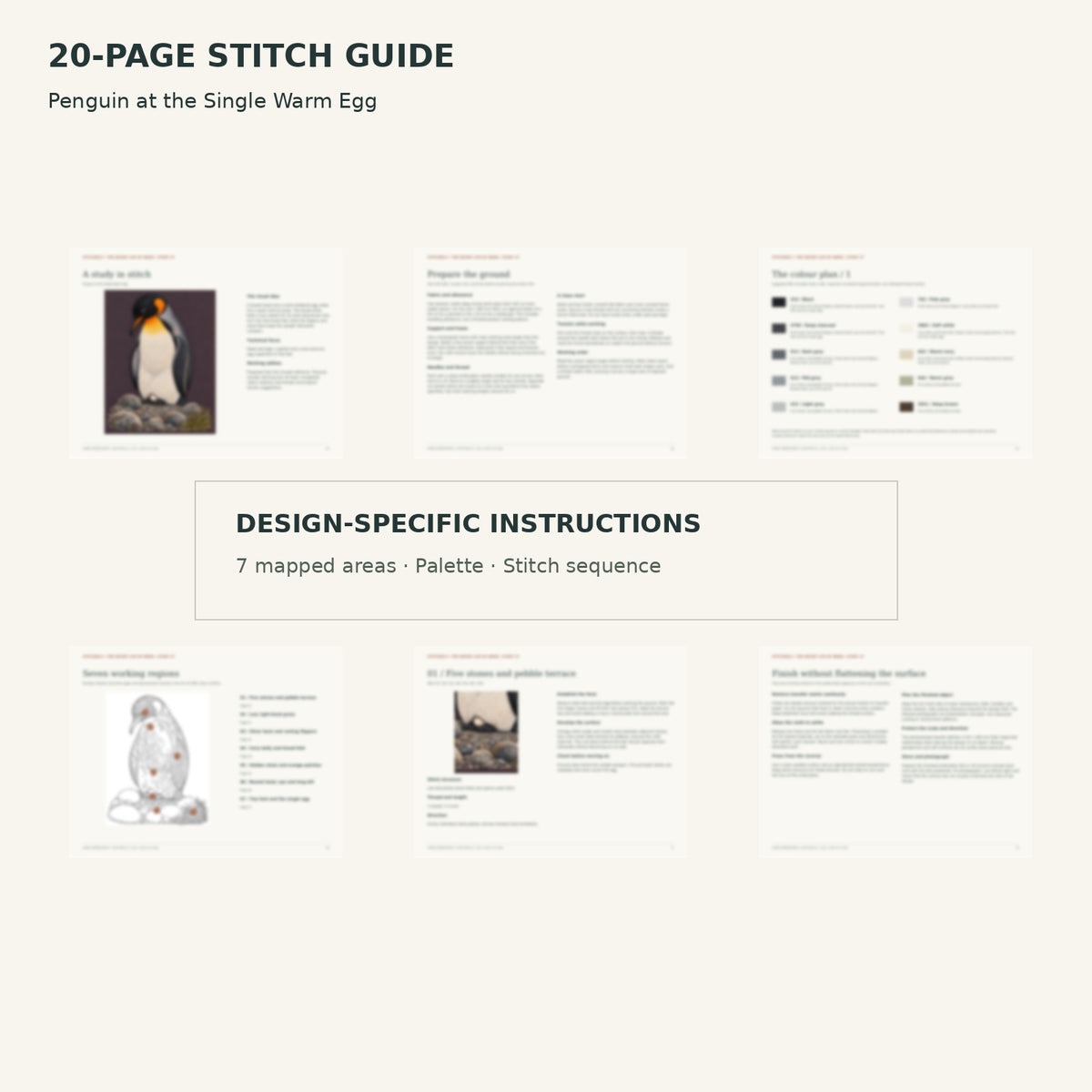 Protected page overview of the 20-page Penguin stitch guide, including its numbered map, suggested palette and working sequence.