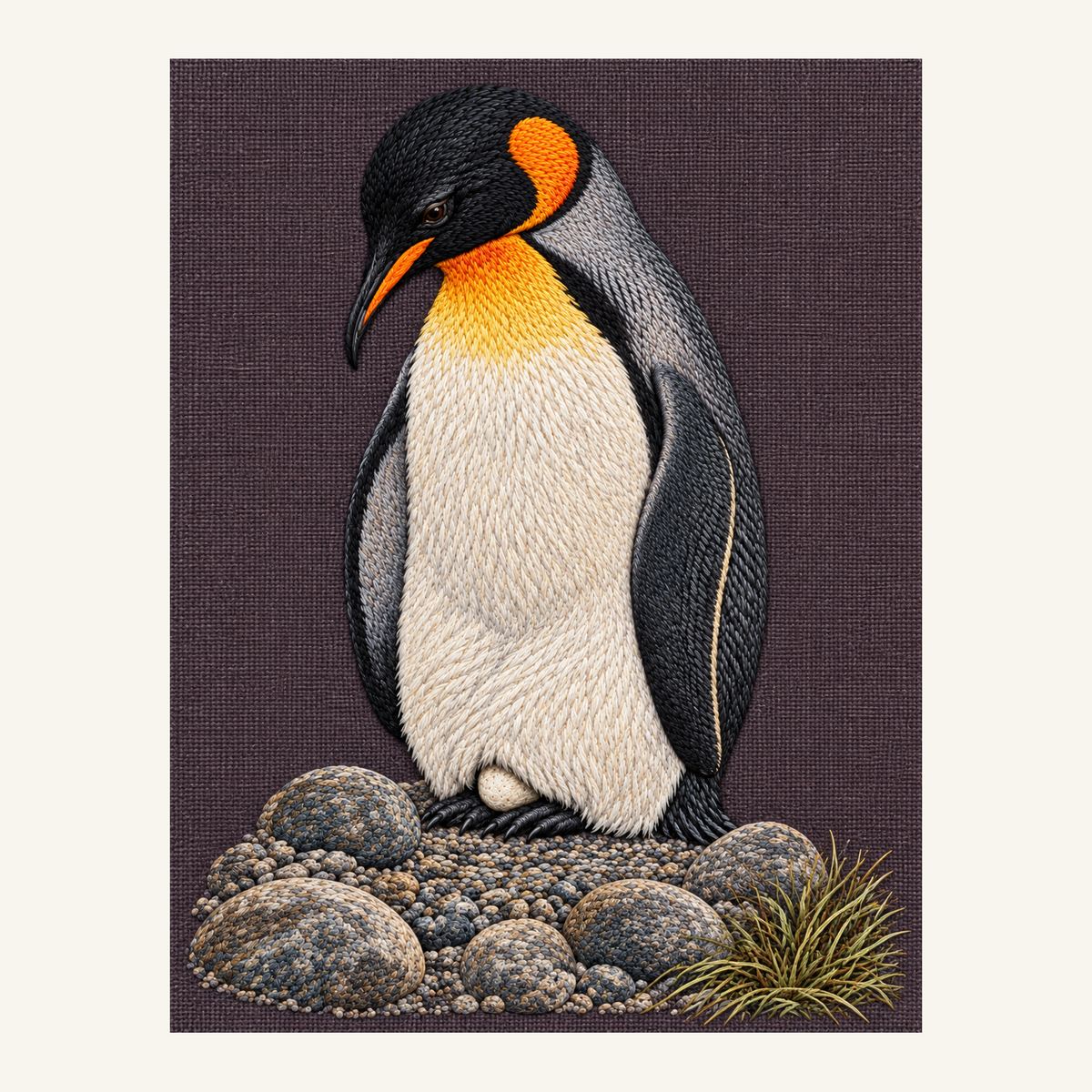 Digital embroidery reference showing a penguin sheltering a single egg on deep smoky plum-grey linen, portrait composition.