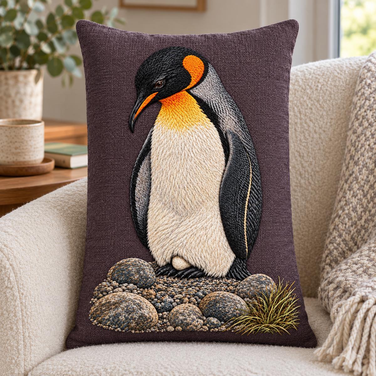 Penguin embroidery design in a digital mockup of A tall plum-grey embroidered lumbar pillow standing upright on a pale wool reading chair. Placement inspiration for Study 27.