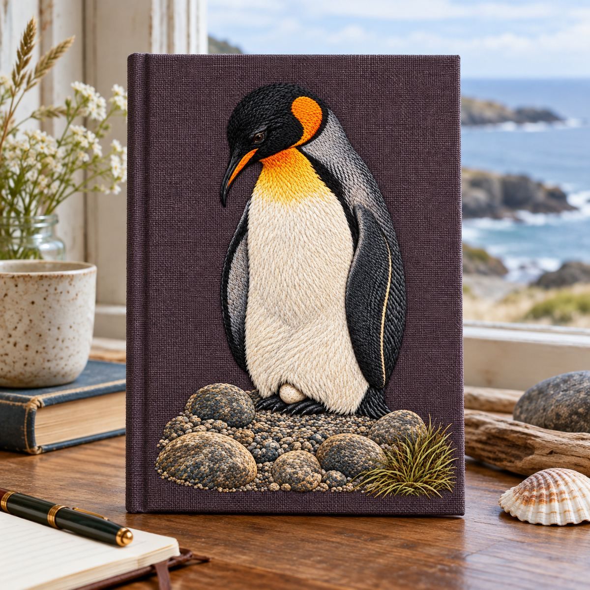 Penguin embroidery design in a digital mockup of A portrait plum-grey cloth cover on a travel diary standing at a quiet coastal writing desk. Placement inspiration for Study 27.