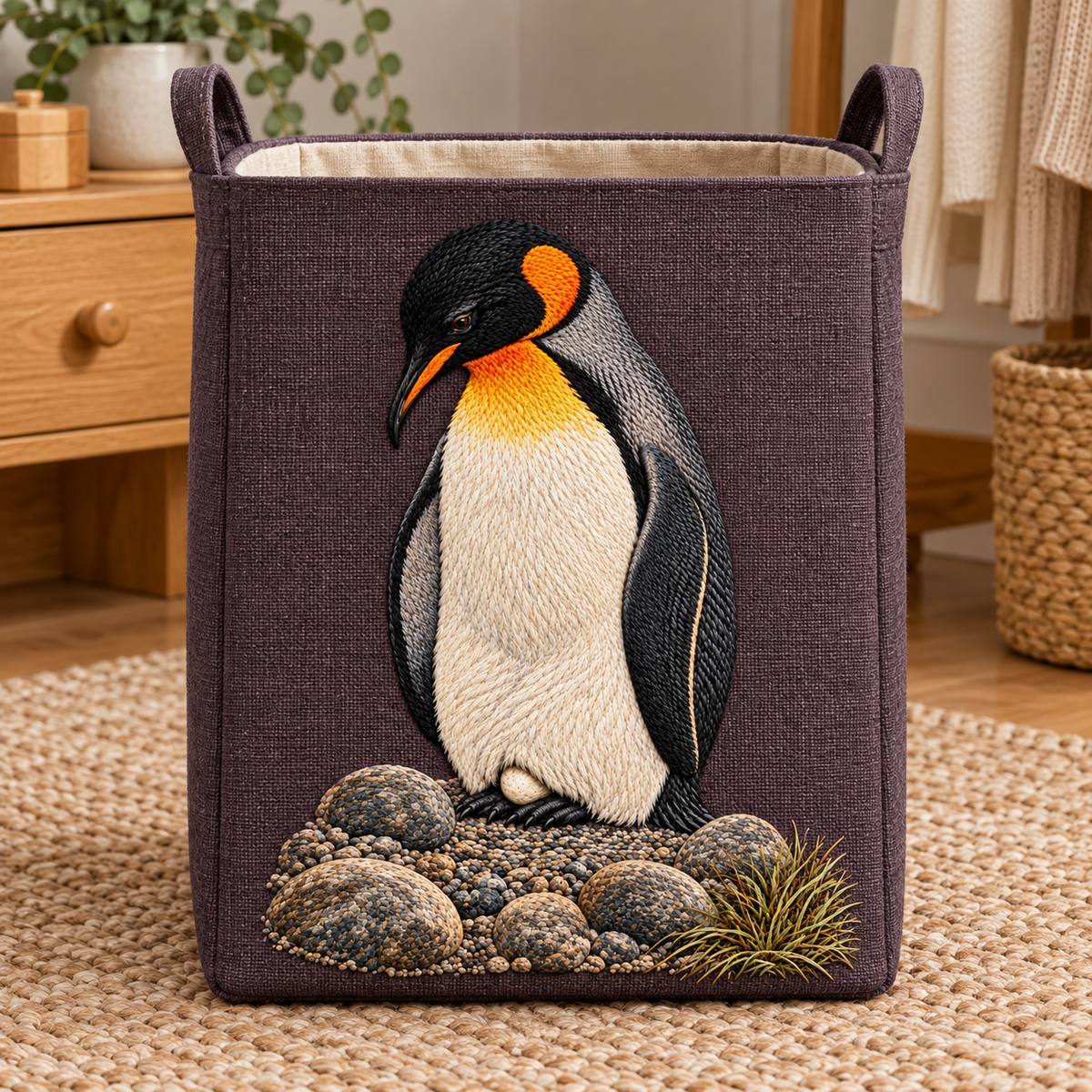 Penguin embroidery design in a digital mockup of A tall rectangular linen storage basket with flat embroidered front in a calm dressing room. Placement inspiration for Study 27.