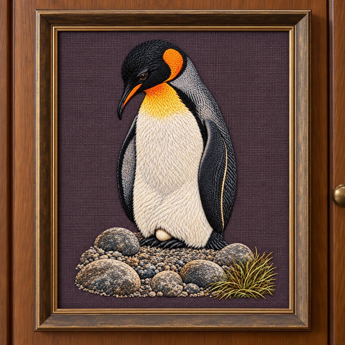 Penguin embroidery design in a digital mockup of A portrait embroidered textile inset on a light-grey wardrobe end panel. Placement inspiration for Study 27.