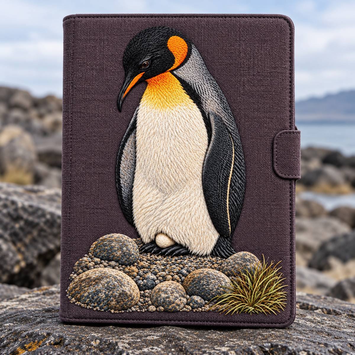 Penguin embroidery design in a digital mockup of A tall slim padded tablet folio standing upright on a basalt shelf, large enough for full-scale panel. Placement inspiration for Study 27.