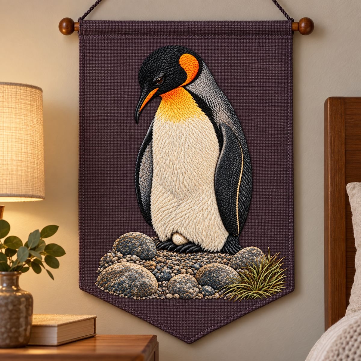 Penguin embroidery design in a digital mockup of A portrait textile banner hanging flat from a whitewashed wooden dowel in a seaside bedroom. Placement inspiration for Study 27.