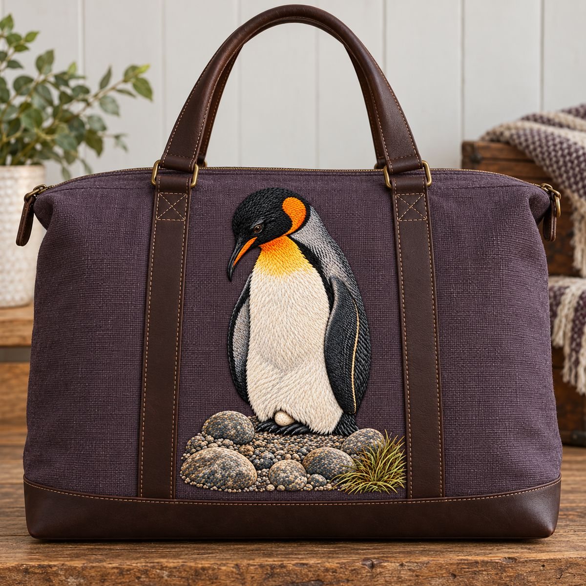 Penguin embroidery design in a digital mockup of A portrait linen panel on a structured overnight tote, handles clear above the artwork. Placement inspiration for Study 27.