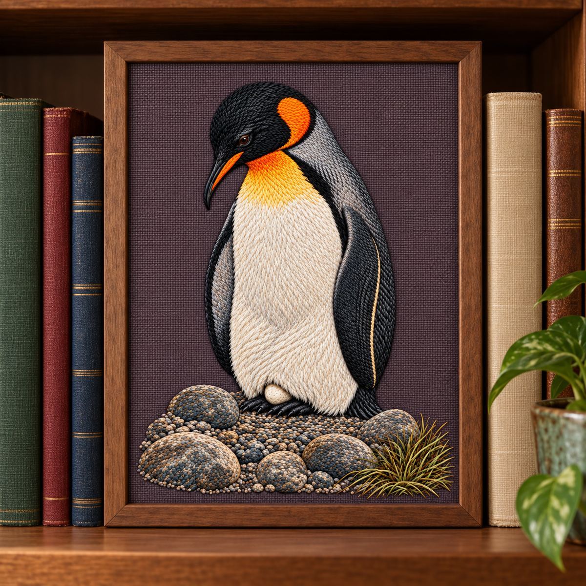 Penguin embroidery design in a digital mockup of A tall plum-grey embroidered door curtain covering a narrow shelving niche, taut without folds. Placement inspiration for Study 27.