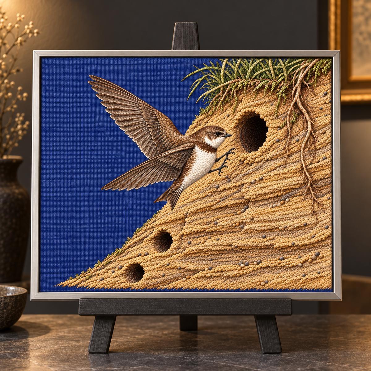 Sand Martin embroidery design shown in a digital mockup of A blue-violet embroidered panel in a slim silver metal frame on a charcoal easel, intimate gallery alcove, nearly frontal camera, no glass reflections. Study 28.