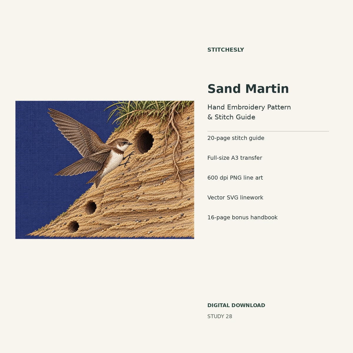 Sand Martin hand embroidery digital package cover showing the reference artwork and included guide, transfer, PNG, SVG and bonus handbook.