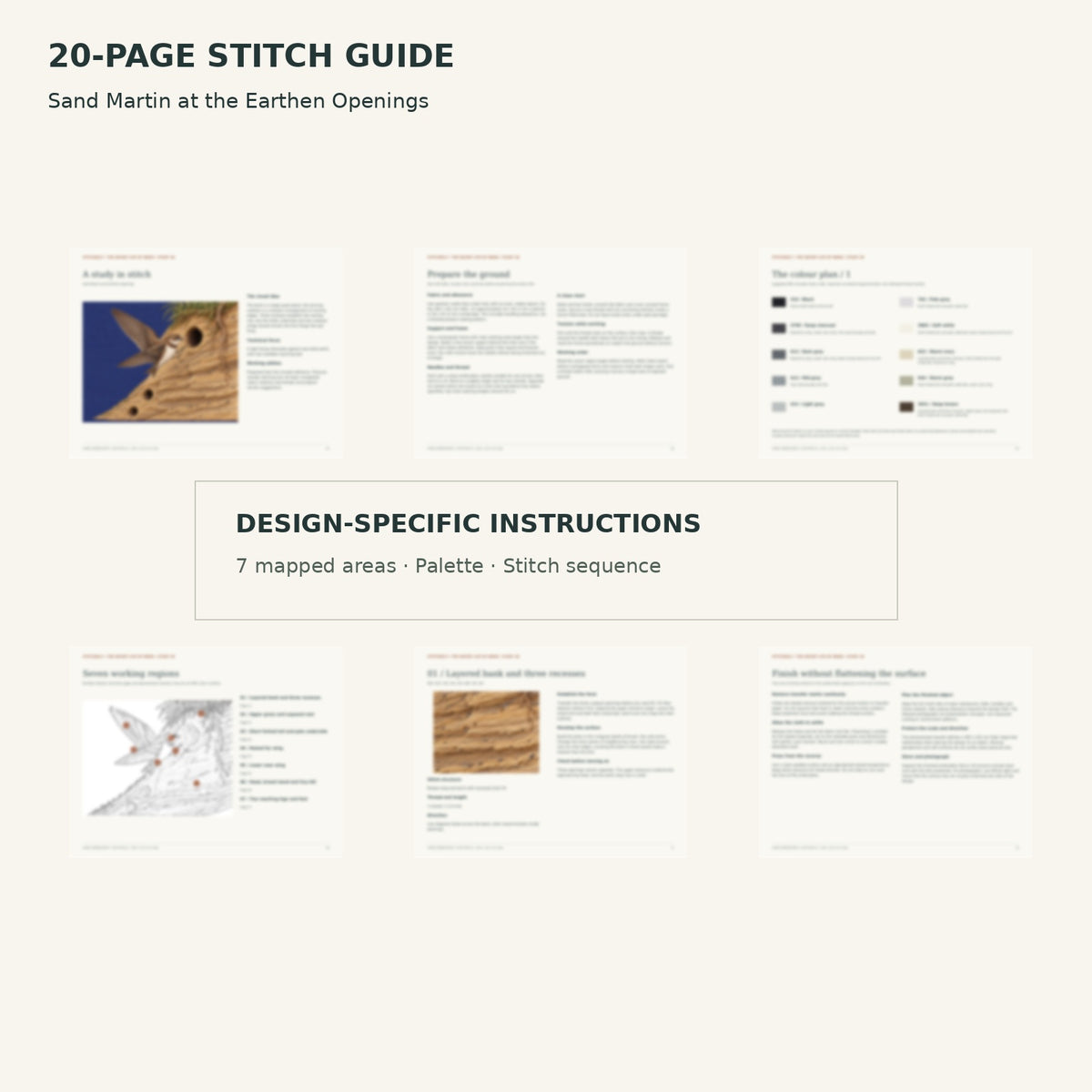 Protected page overview of the 20-page Sand Martin stitch guide, including its numbered map, suggested palette and working sequence.