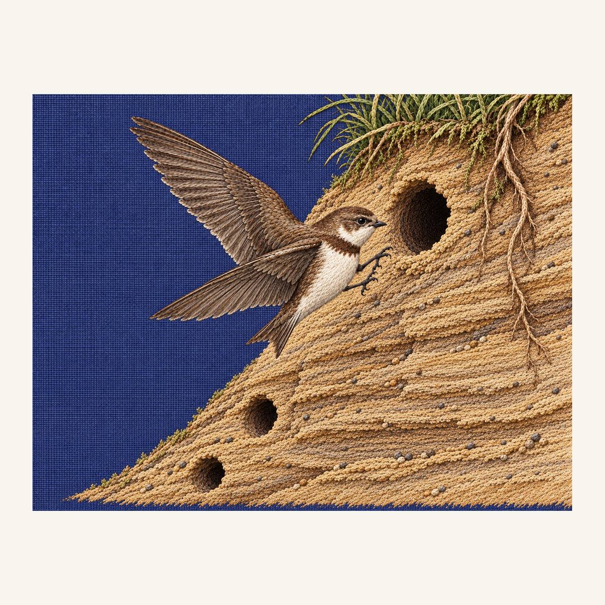 Digital embroidery reference showing a sand martin arriving at a nesting bank on blue-violet linen, landscape composition.