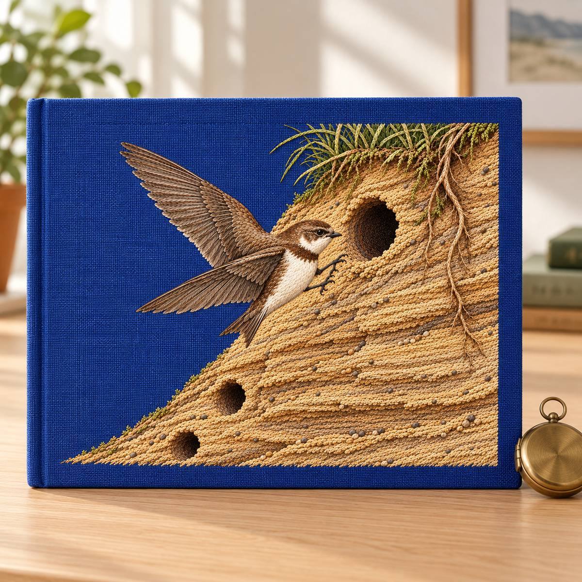 Sand Martin embroidery design in a digital mockup of An upright cobalt linen map folio on a pale oak field-research desk, embroidery on the entire unobstructed front cover, closed folio, a small brass compass to the side, morning raking light. Placement inspiration for Study 28.