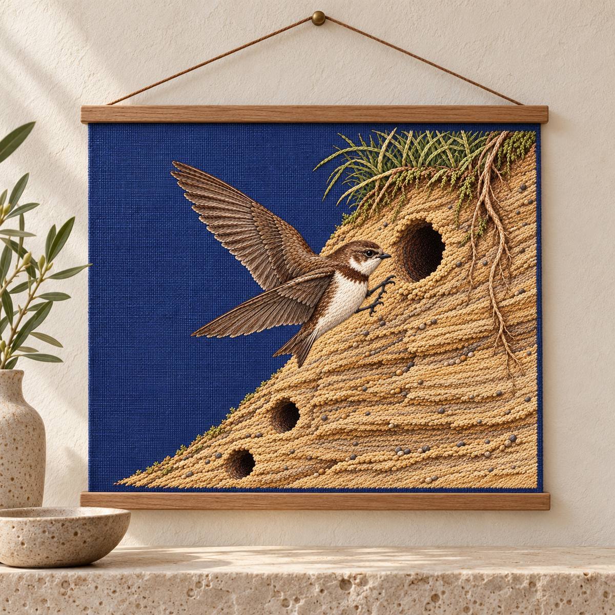 Sand Martin embroidery design in a digital mockup of A rectangular blue-violet linen wall pennant with slim top and bottom wood battens, hanging flat above a narrow limestone ledge, full embroidery between the battens, no fringe. Placement inspiration for Study 28.