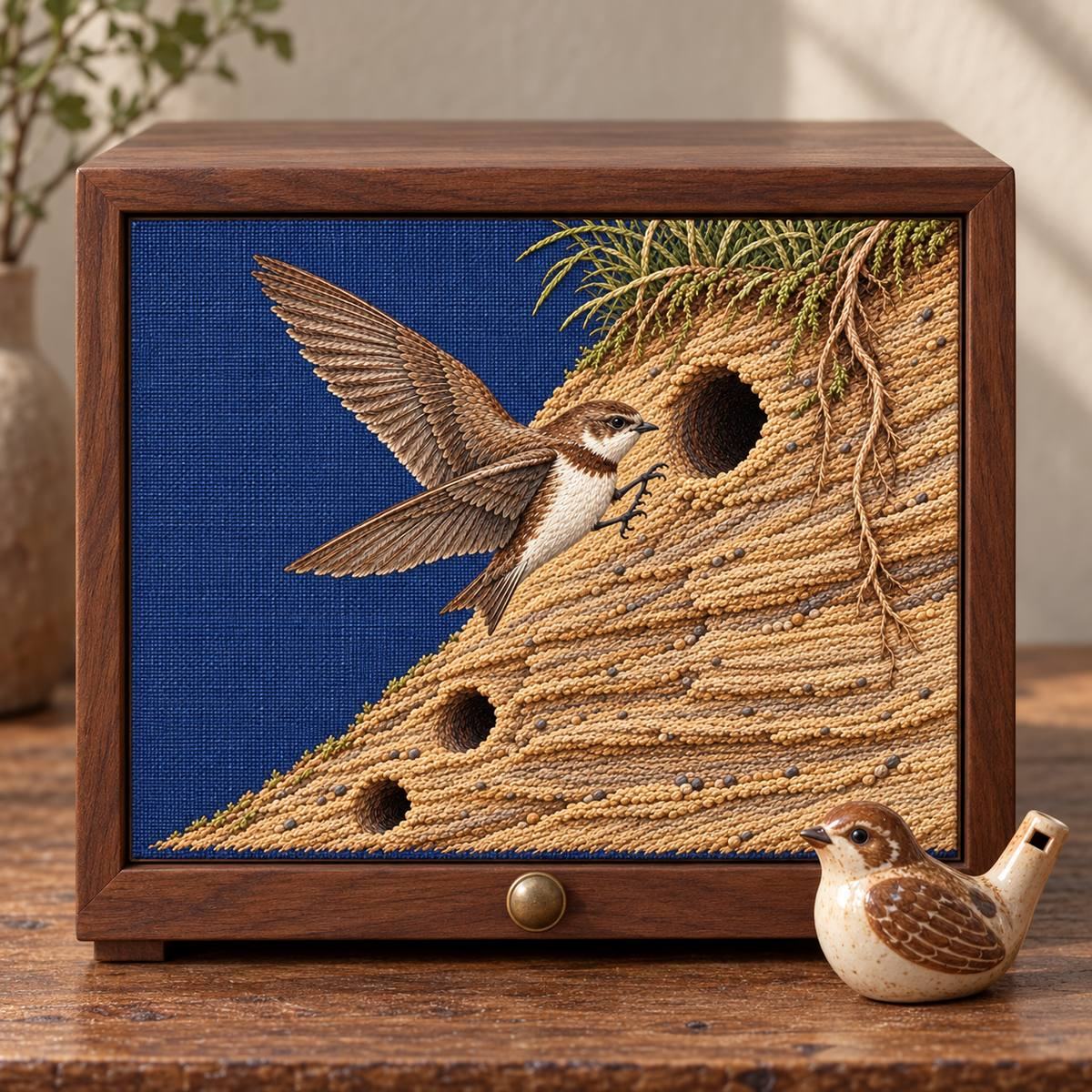 Sand Martin embroidery design in a digital mockup of A removable embroidered textile inset in the front of a small walnut specimen drawer, close still life with drawer closed, only this one drawer and a ceramic bird whistle beside it. Placement inspiration for Study 28.