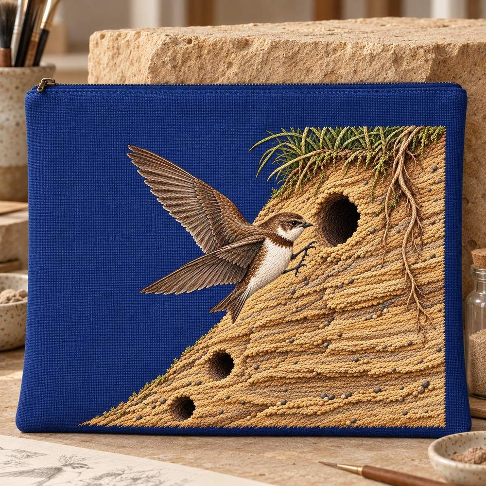 Sand Martin embroidery design in a digital mockup of A flat blue linen document pouch with an unobtrusive top zipper well above the design, resting upright against a sandstone block in a conservator's workspace. Placement inspiration for Study 28.