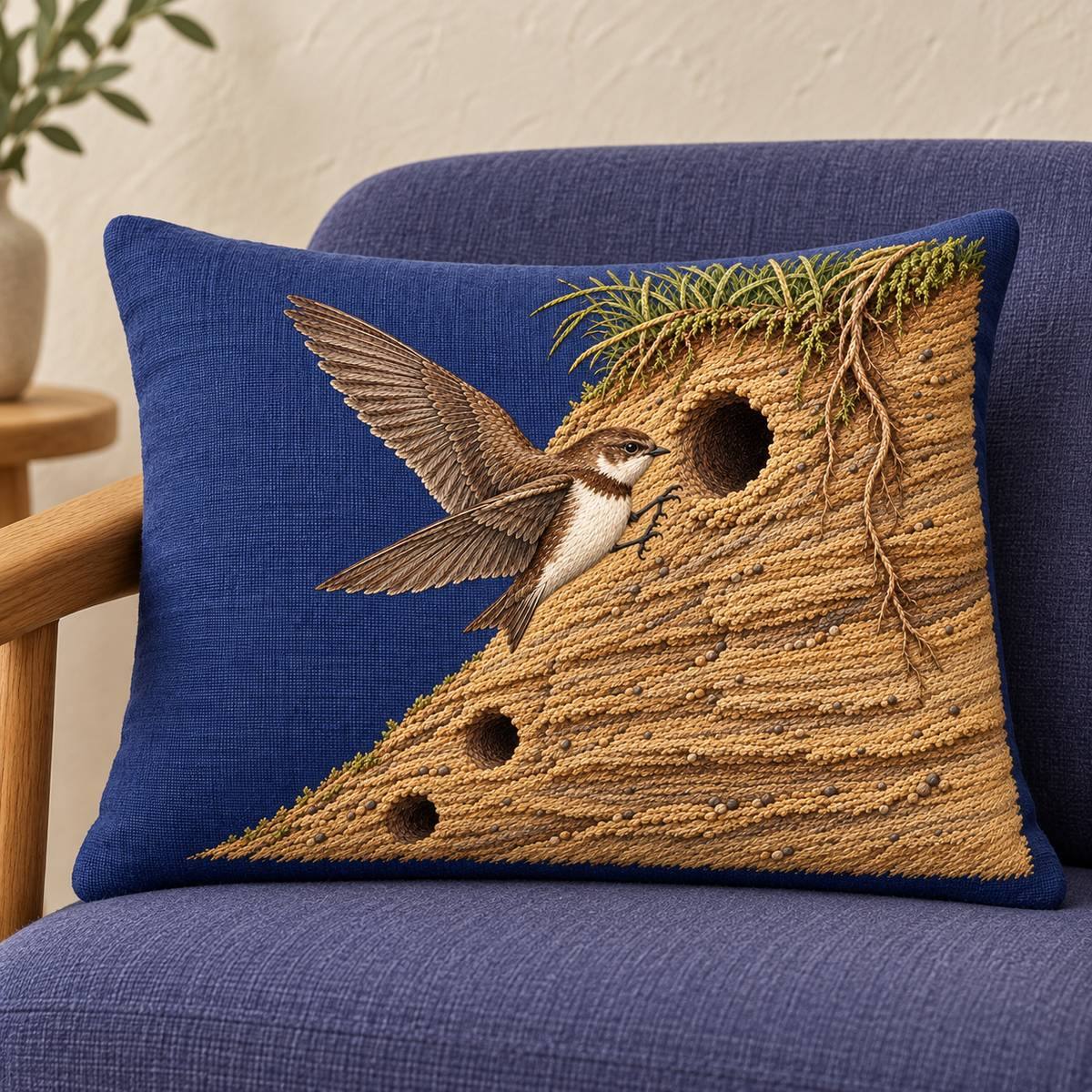 Sand Martin embroidery design in a digital mockup of A small horizontal embroidered cushion on a single ash reading chair, blue-violet cloth, quiet cream plaster wall, whole motif on a flat gently stuffed front. Placement inspiration for Study 28.
