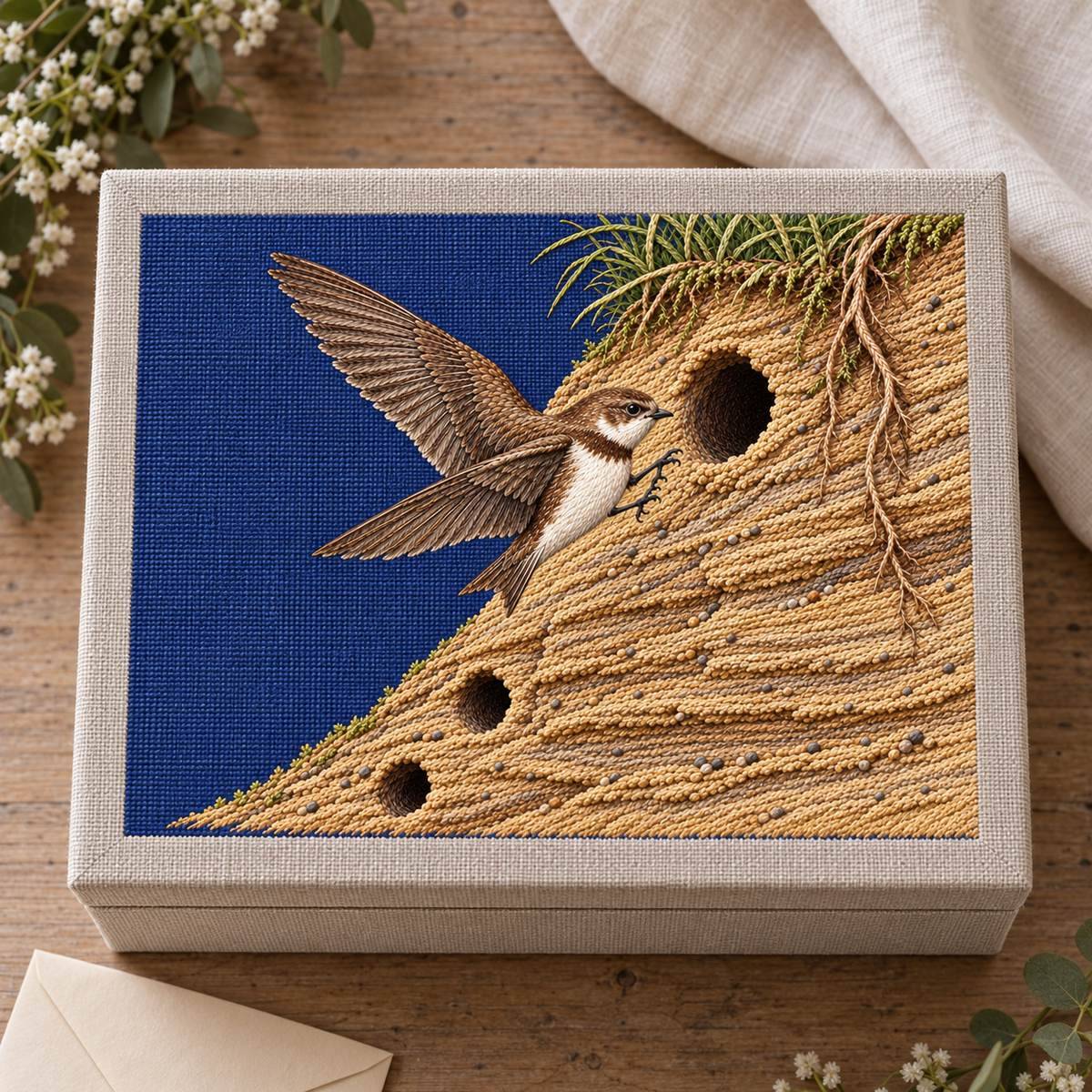 Sand Martin embroidery design in a digital mockup of A landscape linen-wrapped lidded keepsake box photographed from above, motif centered on flat lid, small unlabeled paper envelope outside the box, soft overcast window. Placement inspiration for Study 28.