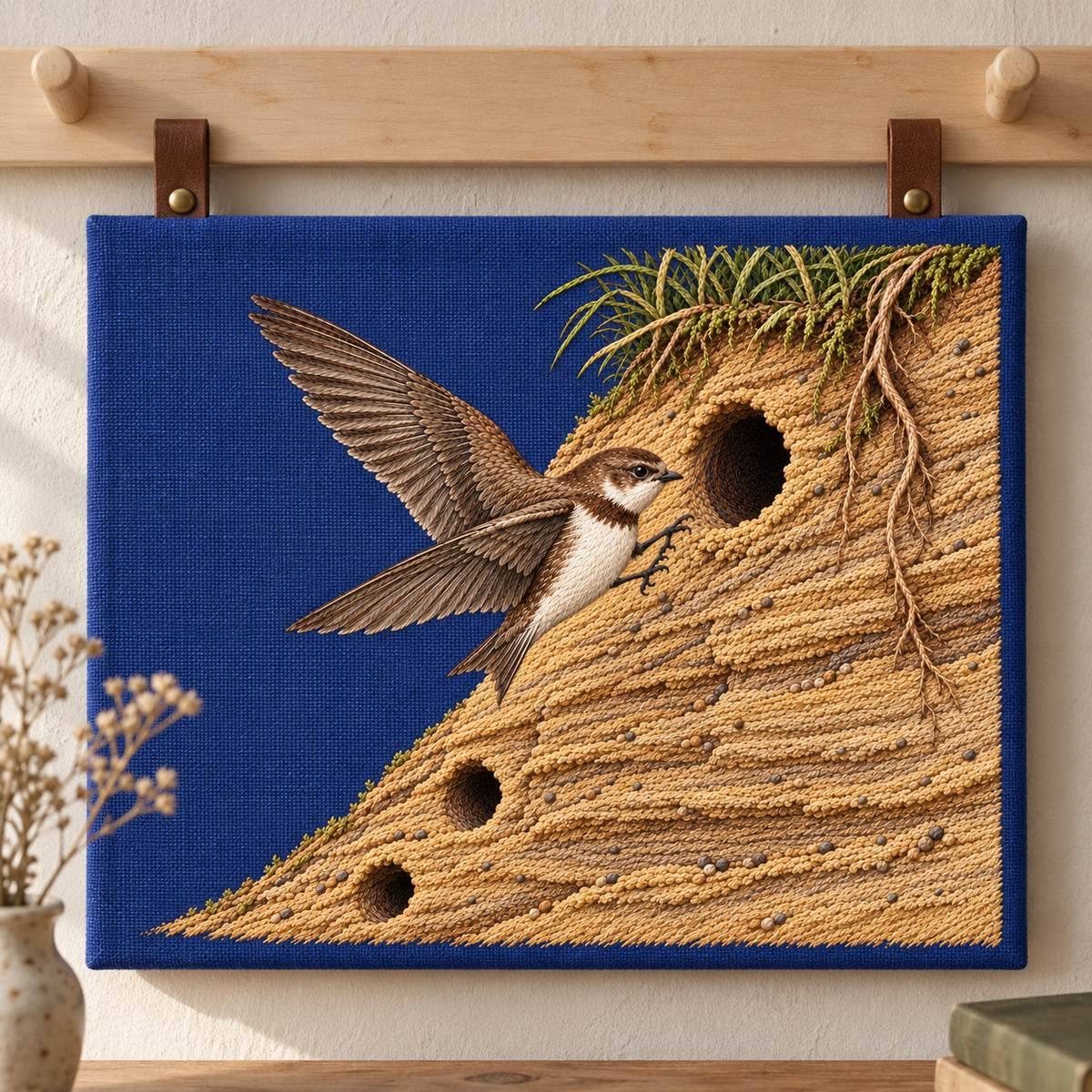 Sand Martin embroidery design in a digital mockup of A blue-violet textile art panel suspended by two small leather loops on a birch peg rail, loops outside design, quiet field station interior. Placement inspiration for Study 28.