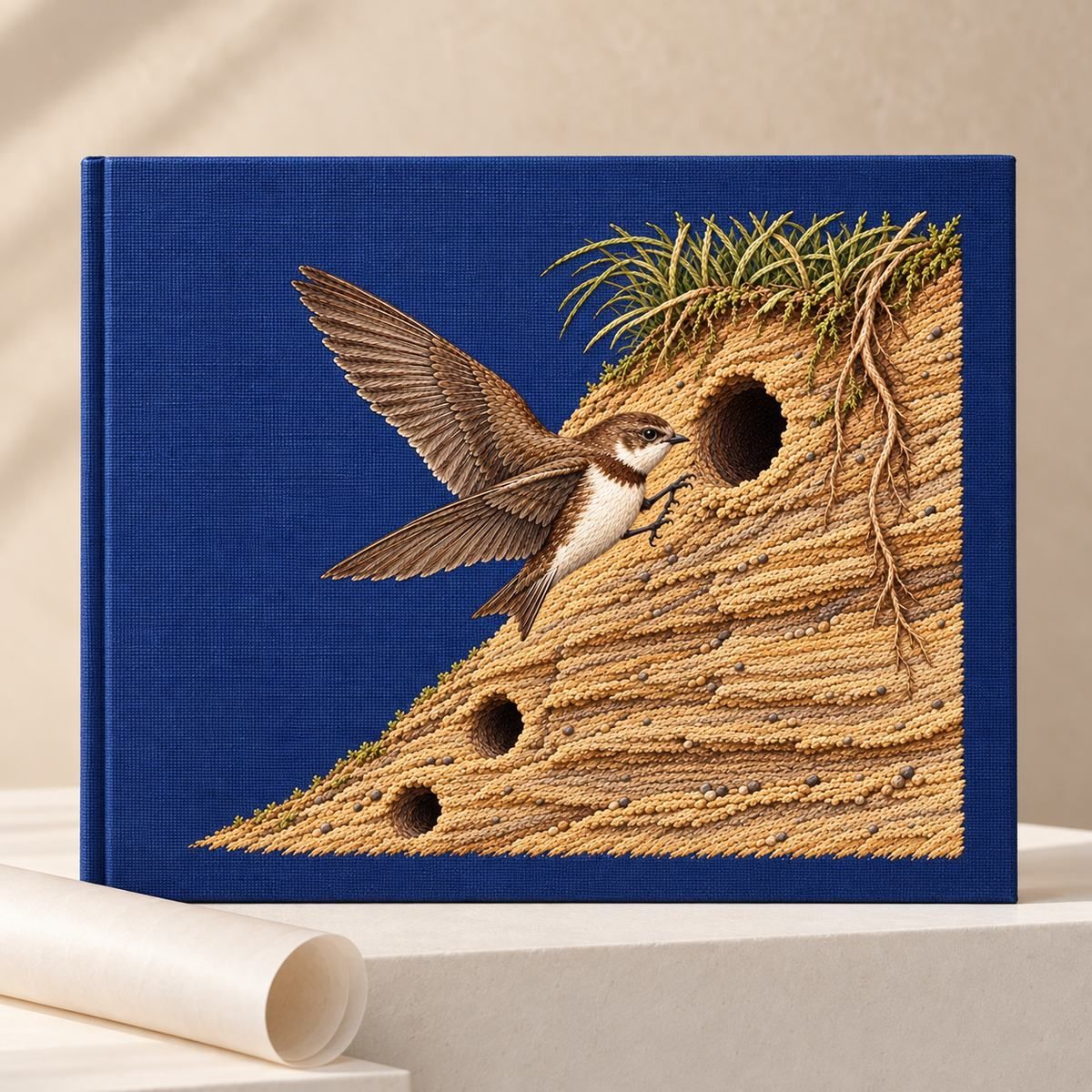 Sand Martin embroidery design in a digital mockup of A rigid blue linen portfolio displayed on a low white plinth beside a rolled blank tracing sheet, open breathing room, pale sandy background, embroidery on front only. Placement inspiration for Study 28.