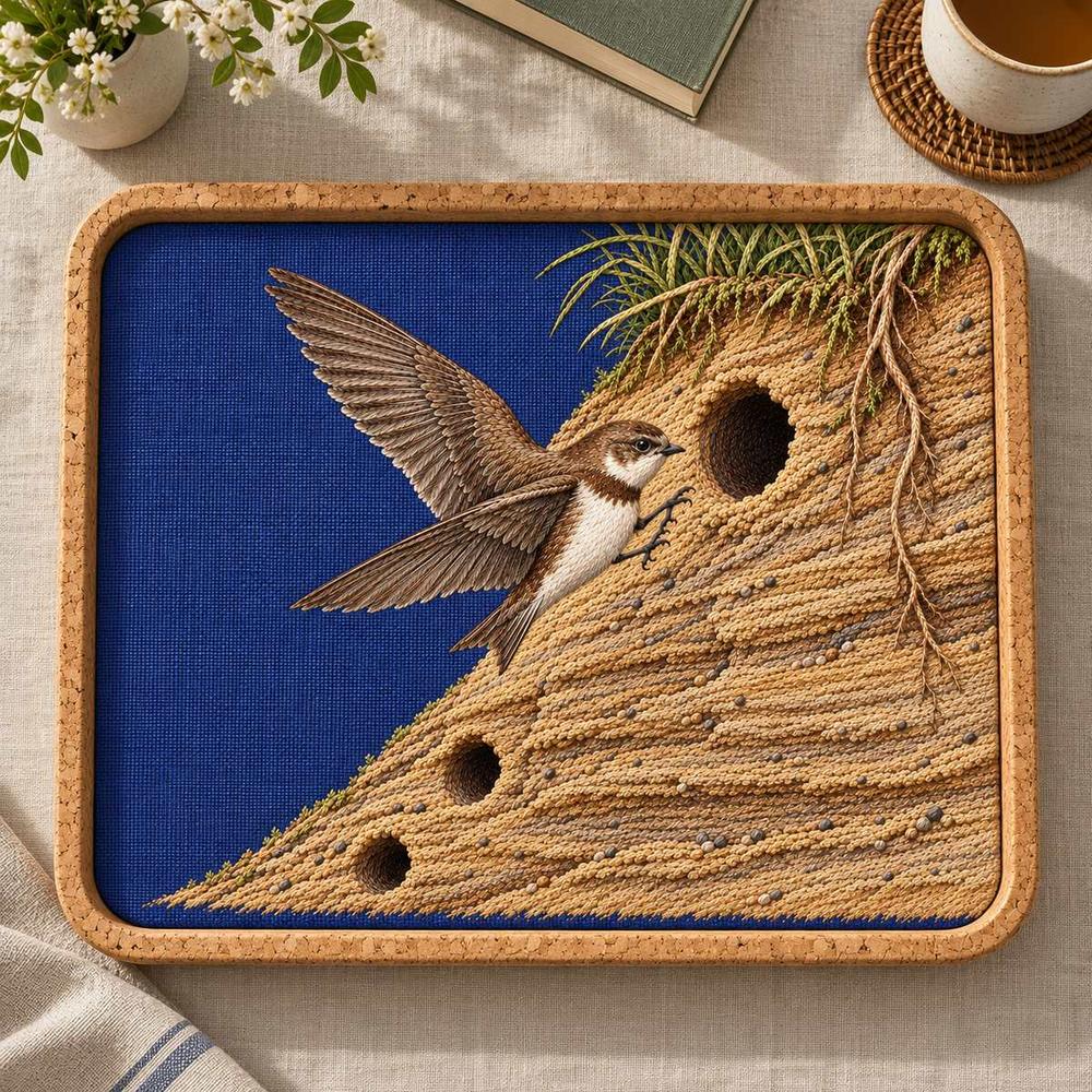 Sand Martin embroidery design in a digital mockup of A blue-violet embroidered lap tray textile insert within a narrow natural cork rim, tray empty and seen from overhead on a linen-covered reading table. Placement inspiration for Study 28.