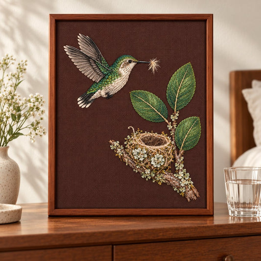 Bee Hummingbird embroidery design shown in a digital mockup of A portrait embroidery in a slender cherrywood shadow frame, upright on a bedroom dresser, soft cream wall and a small clear water glass far to the side. Study 29.