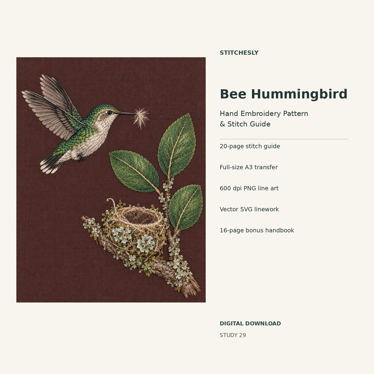 Bee Hummingbird hand embroidery digital package cover showing the reference artwork and included guide, transfer, PNG, SVG and bonus handbook.