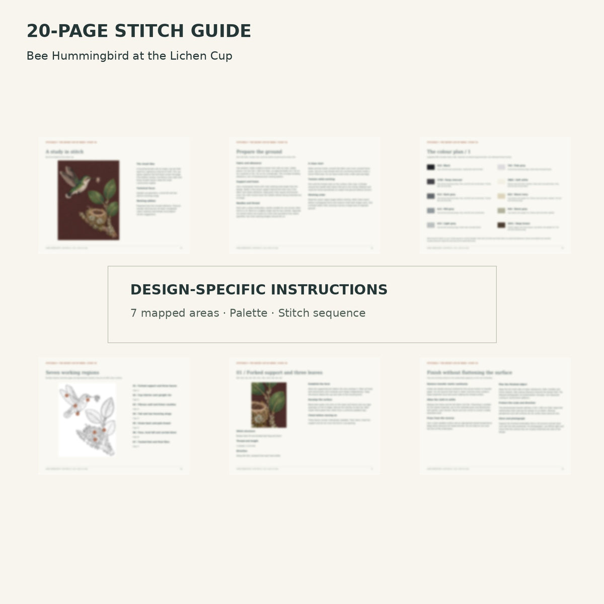 Protected page overview of the 20-page Bee Hummingbird stitch guide, including its numbered map, suggested palette and working sequence.