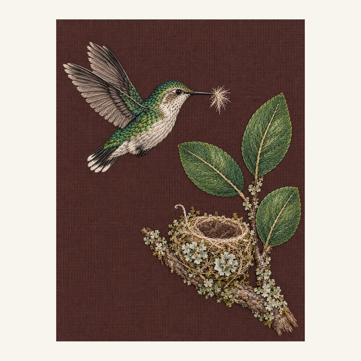 Digital embroidery reference showing a bee hummingbird beside a lichen nest on mulberry-brown linen, portrait composition.