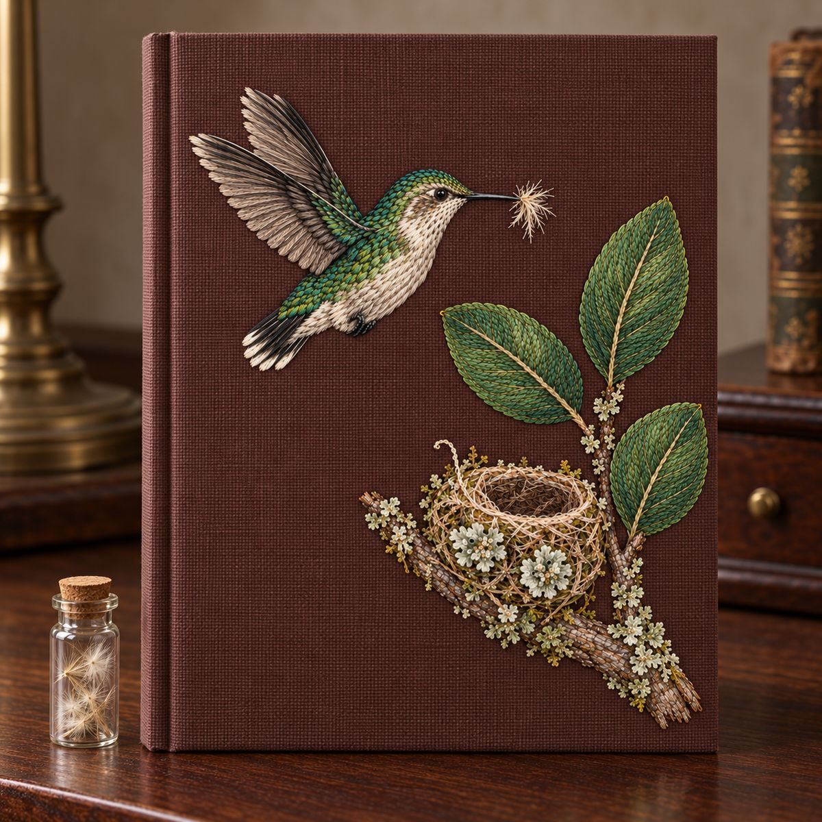 Bee Hummingbird embroidery design in a digital mockup of A tall mulberry-brown linen botanical folio standing upright on a dark walnut writing desk, portrait embroidery on front, one tiny seed vial placed beside it. Placement inspiration for Study 29.