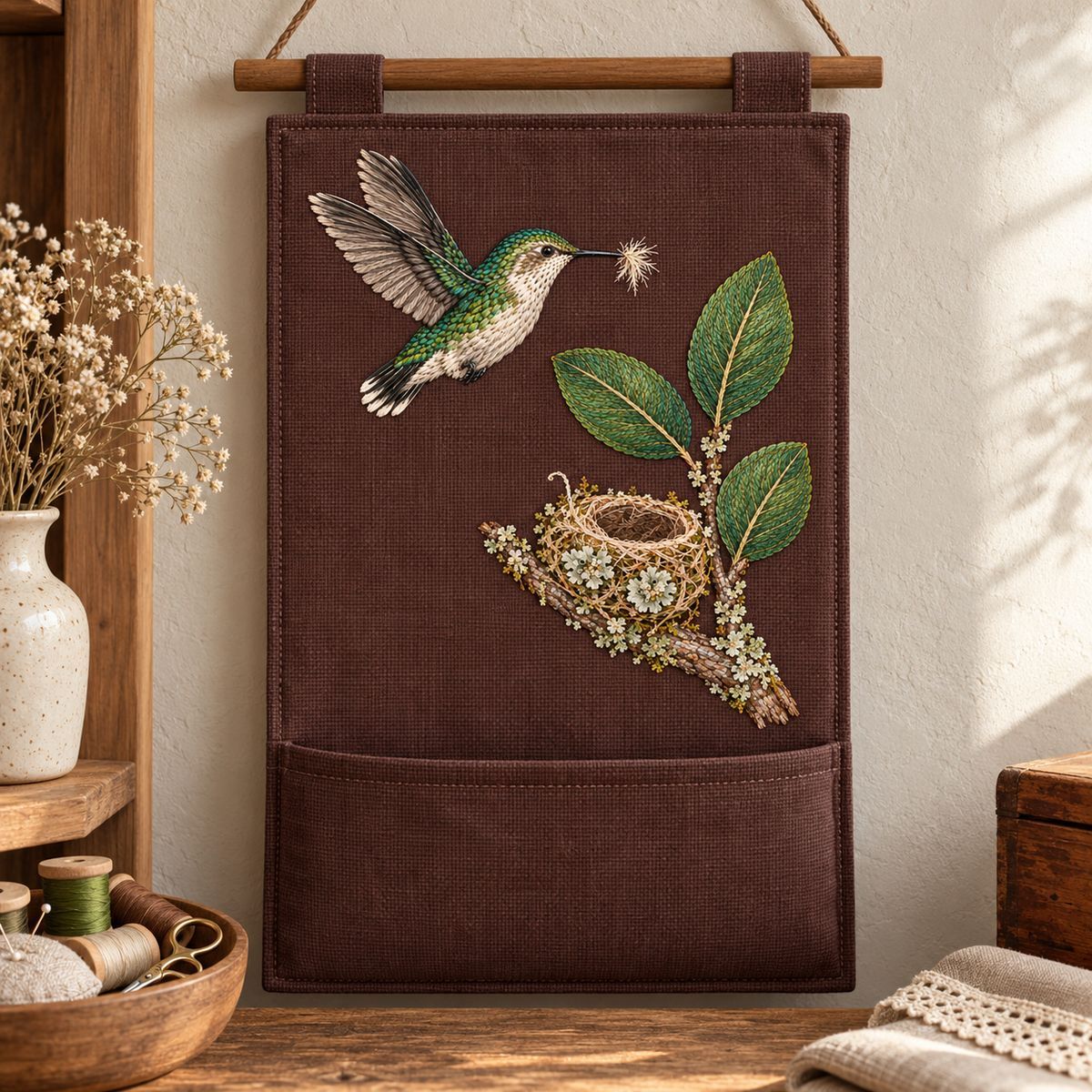 Bee Hummingbird embroidery design in a digital mockup of A mulberry linen hanging pocket organizer with the portrait embroidery on its large flat upper panel, one shallow pocket strictly below the motif, photographed frontally in a quiet sewing corner. Placement inspiration for Study 29.