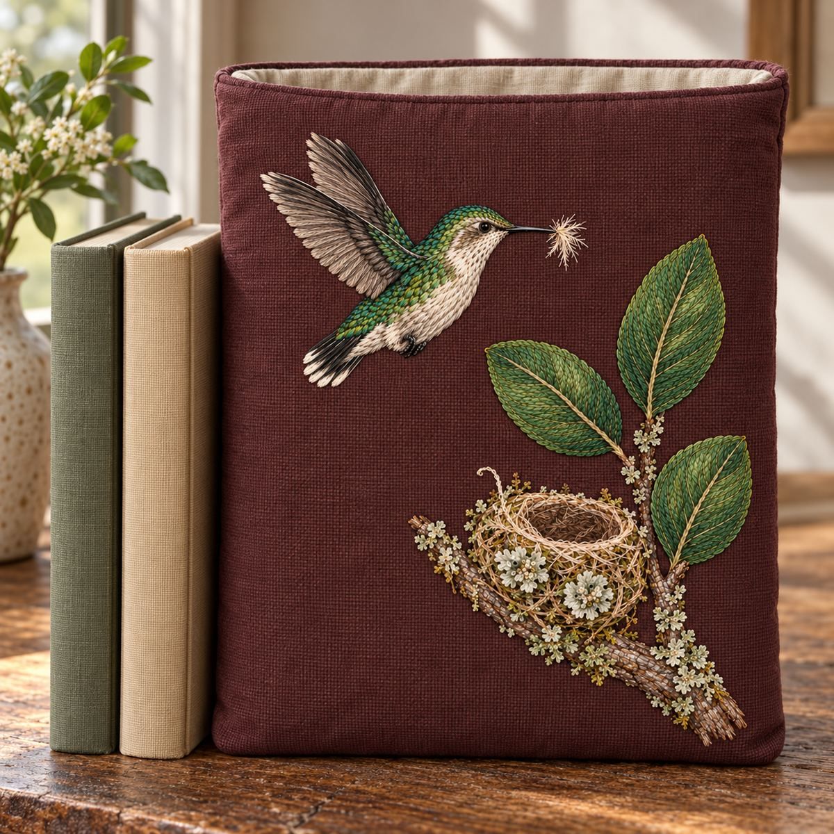 Bee Hummingbird embroidery design in a digital mockup of A tall padded textile book sleeve standing upright beside two plain hardbacks, open top above motif, mulberry ground, natural window light, no text on spines. Placement inspiration for Study 29.