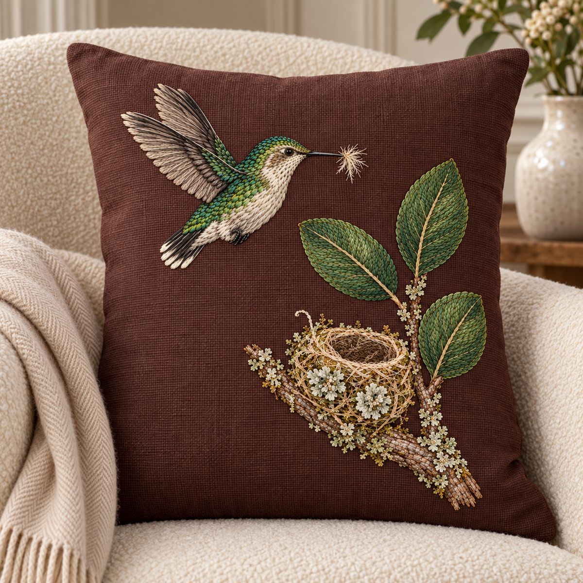 Bee Hummingbird embroidery design in a digital mockup of A rectangular portrait mulberry linen cushion upright on a small cream slipper chair, motif fully visible and unstretched, one folded pale shawl on chair arm. Placement inspiration for Study 29.