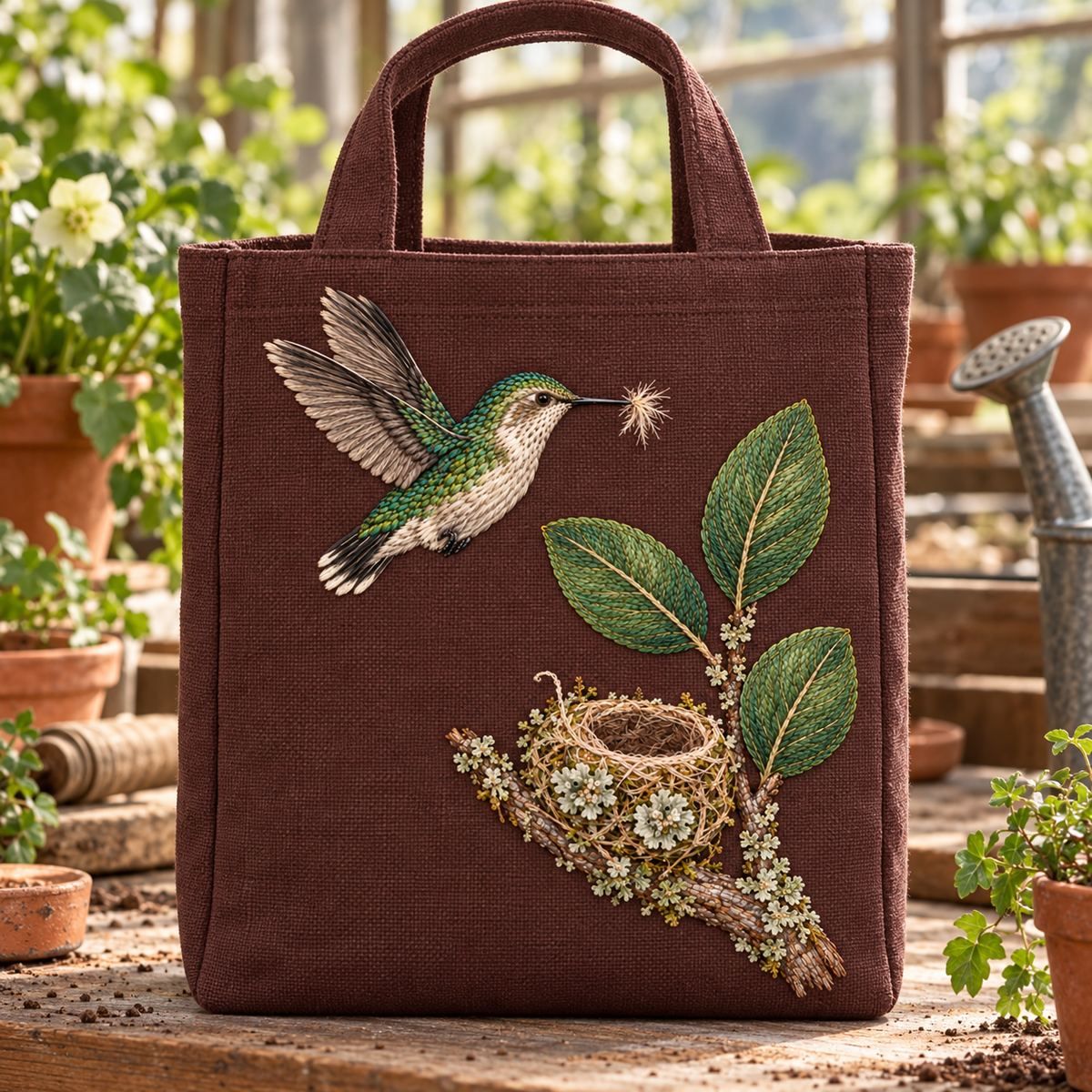 Bee Hummingbird embroidery design in a digital mockup of A vertical embroidered front on a small soft-sided botanical collecting bag, handles and seam allowances outside the design, bag upright on a greenhouse potting bench, no plants covering motif. Placement inspiration for Study 29.