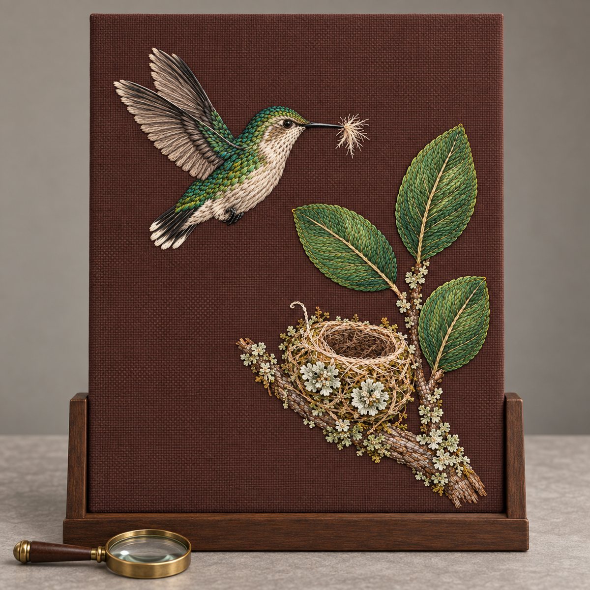 Bee Hummingbird embroidery design in a digital mockup of A portrait rigid embroidery presentation board resting vertically on a museum support cradle, background muted warm grey, a single small magnifier beside the cradle. Placement inspiration for Study 29.