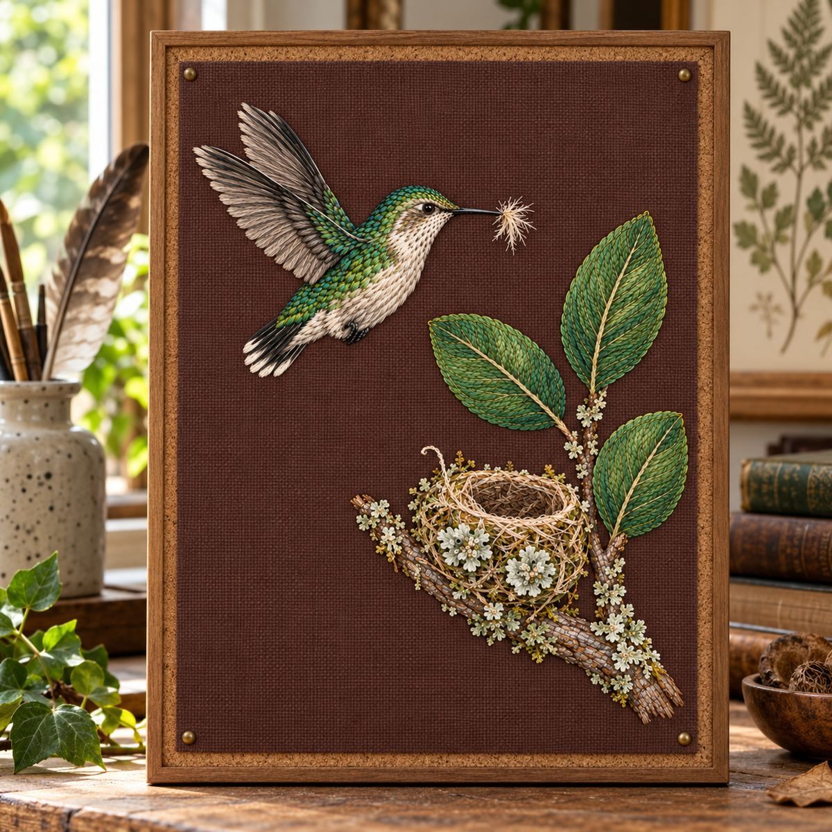 Bee Hummingbird embroidery design in a digital mockup of A tall embroidery panel mounted on a narrow cork pinboard, four tiny pins outside the design field, board upright in a naturalist's home studio, close composition. Placement inspiration for Study 29.